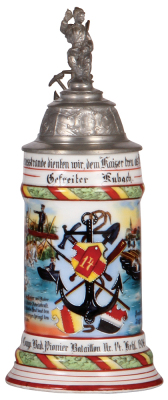 Regimental stein, .5L, 10.7" ht., porcelain, 4. Comp., Pionier Bataillon Nr. 14, Kehl, 1906 - 1908, two side scenes, roster, anchor thumblift, named to: Gefreiter Kubach, mint. 