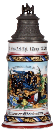 Regimental stein, .5L, 10.2'' ht., porcelain, 1. Comp., bayr. 2. Fuss Artl. Regt., Metz, 1900 - 1902, two side scenes, roster, lion thumblift, named to: Kanonier Göddelmann, mint.