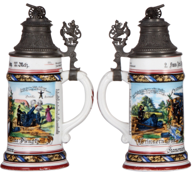 Regimental stein, .5L, 10.2'' ht., porcelain, 1. Comp., bayr. 2. Fuss Artl. Regt., Metz, 1900 - 1902, two side scenes, roster, lion thumblift, named to: Kanonier Göddelmann, mint. - 2