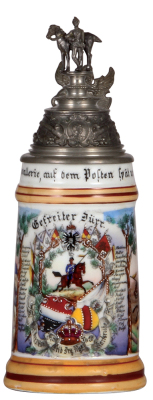 Regimental stein, .5L, 10.5"ht., porcelain, 3. Esk., Drag. Regt. Nr. 20, Karlsruhe, 1893 - 1896, two side scenes, roster, griffin thumblift, named to: Gefreiter Dürr, mint. 