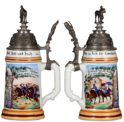 Regimental stein, .5L, 10.5"ht., porcelain, 3. Esk., Drag. Regt. Nr. 20, Karlsruhe, 1893 - 1896, two side scenes, roster, griffin thumblift, named to: Gefreiter Dürr, mint.  - 2