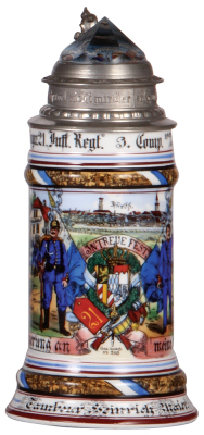 Regimental stein, .5L, 9.4" ht., porcelain, 3. Comp. bayr, Inft. Regt. Nr. 21, Fürth, 1903 - 1905, two side scenes, one is a Tambour, roster, lion thumblift, named to: Tambour Heinrich Maier, 1904 shooting prize in rear, faint lithophane line, on prism fa