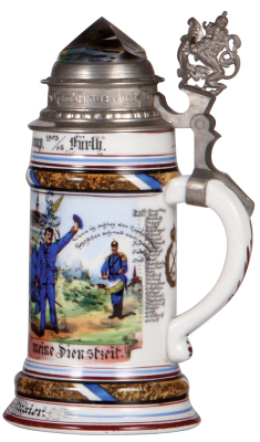 Regimental stein, .5L, 9.4" ht., porcelain, 3. Comp. bayr, Inft. Regt. Nr. 21, Fürth, 1903 - 1905, two side scenes, one is a Tambour, roster, lion thumblift, named to: Tambour Heinrich Maier, 1904 shooting prize in rear, faint lithophane line, on prism fa - 2