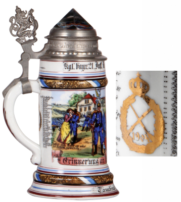 Regimental stein, .5L, 9.4" ht., porcelain, 3. Comp. bayr, Inft. Regt. Nr. 21, Fürth, 1903 - 1905, two side scenes, one is a Tambour, roster, lion thumblift, named to: Tambour Heinrich Maier, 1904 shooting prize in rear, faint lithophane line, on prism fa - 3