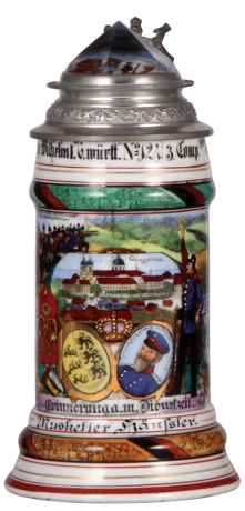 Regimental stein, .5L, 9.0" ht., porcelain, 3. Comp., Inft. Regt. Nr. 124, Weingarten, 1911 - 1913, four side scenes, roster, Württemberg thumblift, named to: Musketier Häusler, prism lid, mint. 