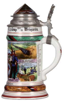 Regimental stein, .5L, 9.0" ht., porcelain, 3. Comp., Inft. Regt. Nr. 124, Weingarten, 1911 - 1913, four side scenes, roster, Württemberg thumblift, named to: Musketier Häusler, prism lid, mint.  - 2