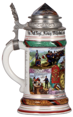 Regimental stein, .5L, 9.0" ht., porcelain, 3. Comp., Inft. Regt. Nr. 124, Weingarten, 1911 - 1913, four side scenes, roster, Württemberg thumblift, named to: Musketier Häusler, prism lid, mint.  - 3