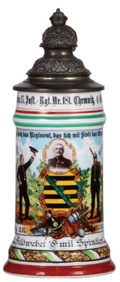 Regimental stein, .5L, 9.8" ht., porcelain, 6. Comp., Kgl. Sächs Inft. Regt. Nr. 181, Chemnitz, 1905, two side scenes, roster, Saxon thumblift, named to: Feldwebel Spindler, roster is only: Feldwebel, Sergeant, San. Feldwebel and Unteroffizier, mint. 