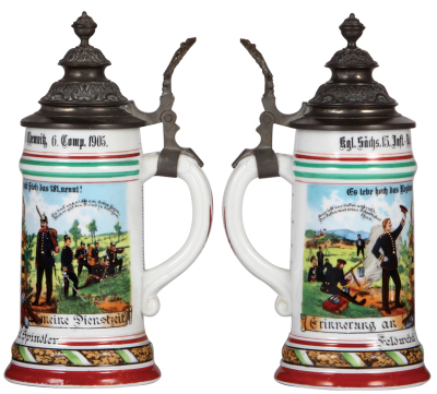 Regimental stein, .5L, 9.8" ht., porcelain, 6. Comp., Kgl. Sächs Inft. Regt. Nr. 181, Chemnitz, 1905, two side scenes, roster, Saxon thumblift, named to: Feldwebel Spindler, roster is only: Feldwebel, Sergeant, San. Feldwebel and Unteroffizier, mint.  - 2