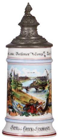 Regimental stein, .5L, 9.7" ht., porcelain, 4. Comp., 1. Fuss Artl. Regt., Neu-Ulm u. München, 1897 - 1899, two side scenes, lion thumblift, named to: Hornist Lorenz Heuwieser, lithophane lines, lid dent. 