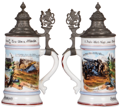 Regimental stein, .5L, 9.7" ht., porcelain, 4. Comp., 1. Fuss Artl. Regt., Neu-Ulm u. München, 1897 - 1899, two side scenes, lion thumblift, named to: Hornist Lorenz Heuwieser, lithophane lines, lid dent.  - 2