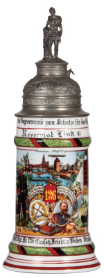 Regimental stein, .5L, 11.7" ht., porcelain, 12. Comp., Inft. Regt. Nr. 126, Strassburg, 1908 - 1910, four side scenes, roster, Württemberg thumblift, named to: Reservist Link III, 1909 shooting prize, mint. 