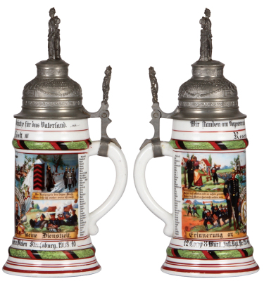 Regimental stein, .5L, 11.7" ht., porcelain, 12. Comp., Inft. Regt. Nr. 126, Strassburg, 1908 - 1910, four side scenes, roster, Württemberg thumblift, named to: Reservist Link III, 1909 shooting prize, mint.  - 2