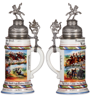 Regimental stein, .5L, 12.2" ht., porcelain, 1. reit. Battr., bayr. 5. Feld Artl. Regt., Landau, 1908 - 1911, four side scenes, roster, lion thumblift, named to: Reservist Hege, mint.  - 2