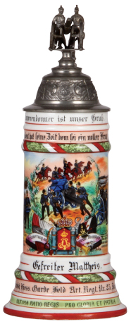 Regimental stein, .5L, 12.0" ht., porcelain, 2. Battr., Feld Artl. Regt., Nr. 25, Darmstadt, 1905 - 1907, two side scenes, roster, lion thumblift, named to: Gefreiter Mattheis, mint.