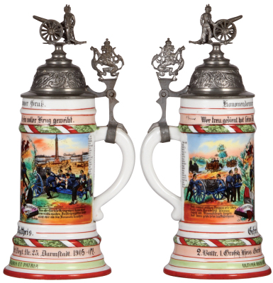 Regimental stein, .5L, 12.0" ht., porcelain, 2. Battr., Feld Artl. Regt., Nr. 25, Darmstadt, 1905 - 1907, two side scenes, roster, lion thumblift, named to: Gefreiter Mattheis, mint. - 2