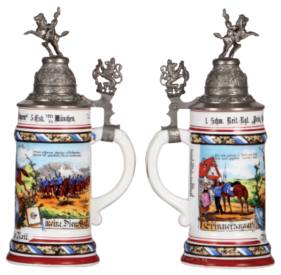 Regimental stein, .5L, 11.7" ht., porcelain, 5. Esk., bayr, 1. Schw. Reiter Regt. München , 1901 - 1904, two side scenes, roster, lion thumblift, named to  Wolfgang Rail, faint lithophane lines, otherwise mint.  - 2