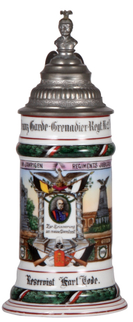 Regimental stein, .5L, 10.6" ht., porcelain, 2. Comp., Garde Grenadier Regt. Nr. 2,, Berlin, 1814 - 1914 Commemorative, two side scenes, roster, eagle thumblift, Wilhelm II finial, named to: Reservist Karl Tode, very small glaze rub on side, otherwise min