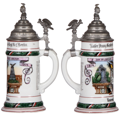 Regimental stein, .5L, 10.6" ht., porcelain, 2. Comp., Garde Grenadier Regt. Nr. 2,, Berlin, 1814 - 1914 Commemorative, two side scenes, roster, eagle thumblift, Wilhelm II finial, named to: Reservist Karl Tode, very small glaze rub on side, otherwise min - 2