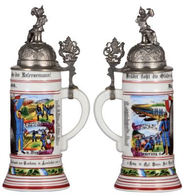 Regimental stein, .5L, 11.5" ht., porcelain, 4. Comp., bayr, Inft. Regt. Nr. 16, Landshut, 1909 - 1911, four side scenes, roster, lion thumblift, named to: Max Riemböck, large owner's photo, mint.  - 2