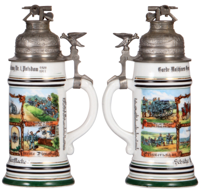 Regimental stein, .5L, 10.7'' ht., porcelain, Garde Maschinengewehr Abteilung Nr. 1, Potsdam, 1909 - 1911, four side scenes, roster, eagle thumblift, named to: Schütze Alfred Hartstacke, M.G. finial is a correct replacement, good repair of the lithophane. - 2