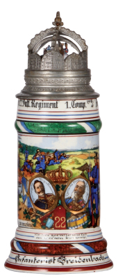 Regimental stein, .5L, 10.5" ht., porcelain, 1. Comp., bayr. Inft. Regt. Nr. 22, Zweibrücken, 1908 - 1910, four side scenes, roster, lion thumblift, named to: Infanterist Breidenbach, crown lid with guard house, sentry & officer on horse under glass, mint