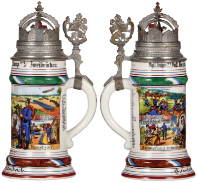 Regimental stein, .5L, 10.5" ht., porcelain, 1. Comp., bayr. Inft. Regt. Nr. 22, Zweibrücken, 1908 - 1910, four side scenes, roster, lion thumblift, named to: Infanterist Breidenbach, crown lid with guard house, sentry & officer on horse under glass, mint - 2