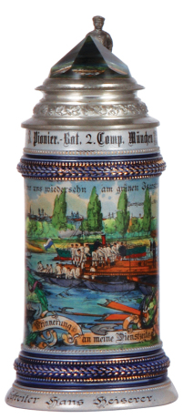 Regimental stein, .5L, 9.4" ht., stoneware, 2. Comp., bayr, Pionier Bat. Nr. 3, München, 1904 - 1906, three side scenes, roster, soldier thumblift, named to: Gefreiter Hans Heiserer, mint. 