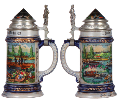 Regimental stein, .5L, 9.4" ht., stoneware, 2. Comp., bayr, Pionier Bat. Nr. 3, München, 1904 - 1906, three side scenes, roster, soldier thumblift, named to: Gefreiter Hans Heiserer, mint.  - 2