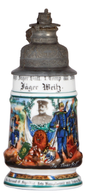 Regimental stein, .5L, 9.1" ht., porcelain, 1. Comp., bayr, 2. Jäger Bat., Aschaffenburg, 1906 - 1908, two side scenes, roster, St. Hubert thumblift, named to: Jäger Weitz, mint. 