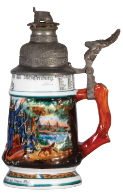 Regimental stein, .5L, 9.1" ht., porcelain, 1. Comp., bayr, 2. Jäger Bat., Aschaffenburg, 1906 - 1908, two side scenes, roster, St. Hubert thumblift, named to: Jäger Weitz, mint.  - 2