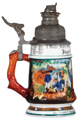 Regimental stein, .5L, 9.1" ht., porcelain, 1. Comp., bayr, 2. Jäger Bat., Aschaffenburg, 1906 - 1908, two side scenes, roster, St. Hubert thumblift, named to: Jäger Weitz, mint.  - 3