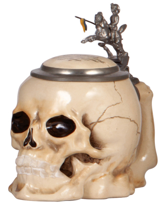 Regimental stein, .5L, 7.0" ht., pottery, marked 852, Character Skull, 5. Esk., Husar Regt., Nr. 17, 1911 - 1914, scene inside lid, horse & rider thumblift, named to: Reservist Olms, mint. 