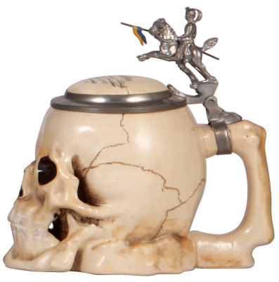 Regimental stein, .5L, 7.0" ht., pottery, marked 852, Character Skull, 5. Esk., Husar Regt., Nr. 17, 1911 - 1914, scene inside lid, horse & rider thumblift, named to: Reservist Olms, mint.  - 2