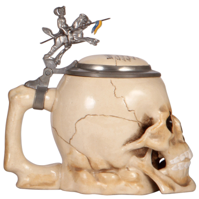 Regimental stein, .5L, 7.0" ht., pottery, marked 852, Character Skull, 5. Esk., Husar Regt., Nr. 17, 1911 - 1914, scene inside lid, horse & rider thumblift, named to: Reservist Olms, mint.  - 3