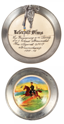 Regimental stein, .5L, 7.0" ht., pottery, marked 852, Character Skull, 5. Esk., Husar Regt., Nr. 17, 1911 - 1914, scene inside lid, horse & rider thumblift, named to: Reservist Olms, mint.  - 4