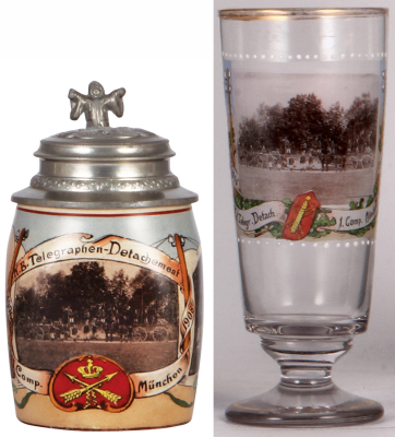 Regimental stein, .5L, 6.5'' ht., stoneware, 1. Comp., K.B. Telegraphen Detachment, München, 1906 - 1908, two side scenes, all scenes are photographs, Munich Child thumblift, named to: Peter Seltsam, name in rear; with, .5L, glass beaker, mint.