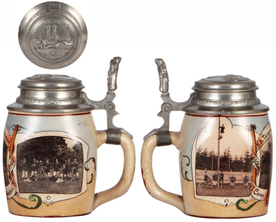 Regimental stein, .5L, 6.5'' ht., stoneware, 1. Comp., K.B. Telegraphen Detachment, München, 1906 - 1908, two side scenes, all scenes are photographs, Munich Child thumblift, named to: Peter Seltsam, name in rear; with, .5L, glass beaker, mint. - 2