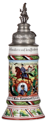 Regimental stein, .5L, 12.6'' ht., porcelain, 4. Esk., Husaren Regt. Nr. 8, Neuhaus, 1908 - 1911, four side scenes, roster, eagle thumblift, named to: Resv. Neuendorf, mint.