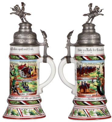 Regimental stein, .5L, 12.6'' ht., porcelain, 4. Esk., Husaren Regt. Nr. 8, Neuhaus, 1908 - 1911, four side scenes, roster, eagle thumblift, named to: Resv. Neuendorf, mint. - 2