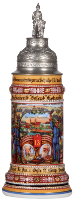 Regimental stein, .5L, 12.6'' ht., porcelain, 11. Comp., bayr. Inft. Regt. Nr. 13, Ingolstadt - Eichstätt, 1911 - 1913, four side scenes, roster, lion thumblift, named to: Infanterist Joseph Holzapfel, screw-off lid with prism underneath, mint.