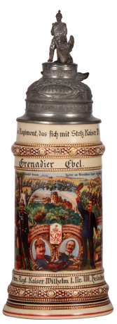 Regimental stein, .5L, 12.1" ht., pottery, 7. Comp., Inft. Regt. Nr. 110, Heidelberg, 1909 - 1911, four side scenes, roster, griffin thumblift, named to: Grenadier Ebel, mint. 