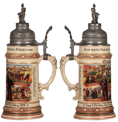 Regimental stein, .5L, 12.1" ht., pottery, 7. Comp., Inft. Regt. Nr. 110, Heidelberg, 1909 - 1911, four side scenes, roster, griffin thumblift, named to: Grenadier Ebel, mint.  - 2