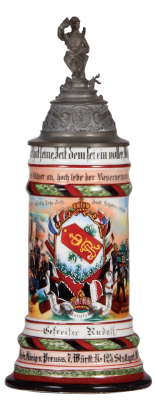 Regimental stein, .5L, 12.0" ht., porcelain, 6. Comp., Inft. Regt. Nr. 125, Stuttgart, 1903 - 1905, two side scenes, roster, Lehr Inft. Battl. Potsdam, 1903 - 1904, Württemberg thumblift, named to: Gefreiter Rudolf, some faded words & faded roster.