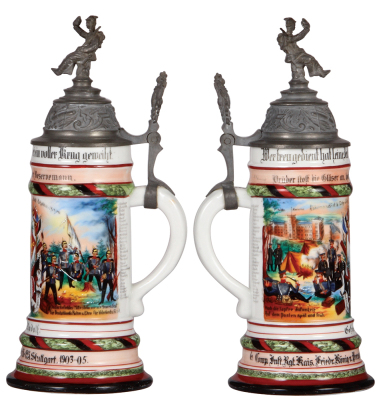 Regimental stein, .5L, 12.0" ht., porcelain, 6. Comp., Inft. Regt. Nr. 125, Stuttgart, 1903 - 1905, two side scenes, roster, Lehr Inft. Battl. Potsdam, 1903 - 1904, Württemberg thumblift, named to: Gefreiter Rudolf, some faded words & faded roster. - 2