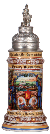 Regimental stein, .5L, 12.1" ht., porcelain, 7. Comp., bayr. Inft. Regt. Nr. 16, Passau, 1910 - 1912, four side scenes, roster, lion thumblift, named to: Franz Münichsdorfner, roster slightly faded, very good repair of a pewter tear.