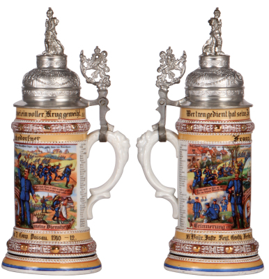 Regimental stein, .5L, 12.1" ht., porcelain, 7. Comp., bayr. Inft. Regt. Nr. 16, Passau, 1910 - 1912, four side scenes, roster, lion thumblift, named to: Franz Münichsdorfner, roster slightly faded, very good repair of a pewter tear. - 2