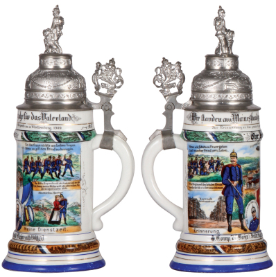 Regimental stein, .5L, 11.5'' ht., porcelain, 4. Comp., bayr. Inft. Regt. Nr. 7, Bayreuth, 1908 - 1910, Kaisermanöver 1909, four side scenes, lion thumblift, named to: Chr. Schnabel, screw-off lid with prism underneath, mint. - 2