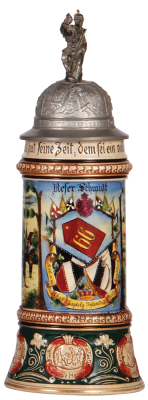 Regimental stein, .5L, 11.8'' ht., pottery, 6. Comp., Inft. Regt. Nr. 66, Magdeburg, undated, two side scenes, roster, eagle thumblift, named to: Reserv. Schmidt, rare regiment, new finial & good repair of strap, body mint.