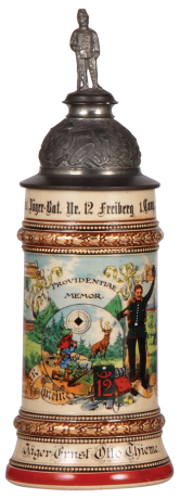 Regimental stein, .5L, 11.5'' ht., pottery, 1. Comp. Jäger Bat. Nr. 12, Freiberg, 1901 - 1903, two side scenes, roster, eagle thumblift, named to: Jäger Ernst Otto Thieme, mint.